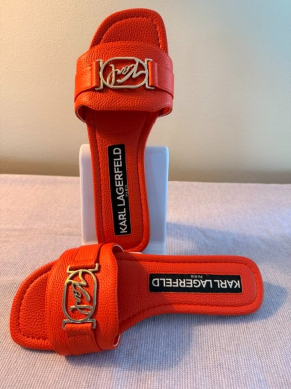 Karl Lagerfeld Paris Orange Leather Logo Slide Sandals Size 8